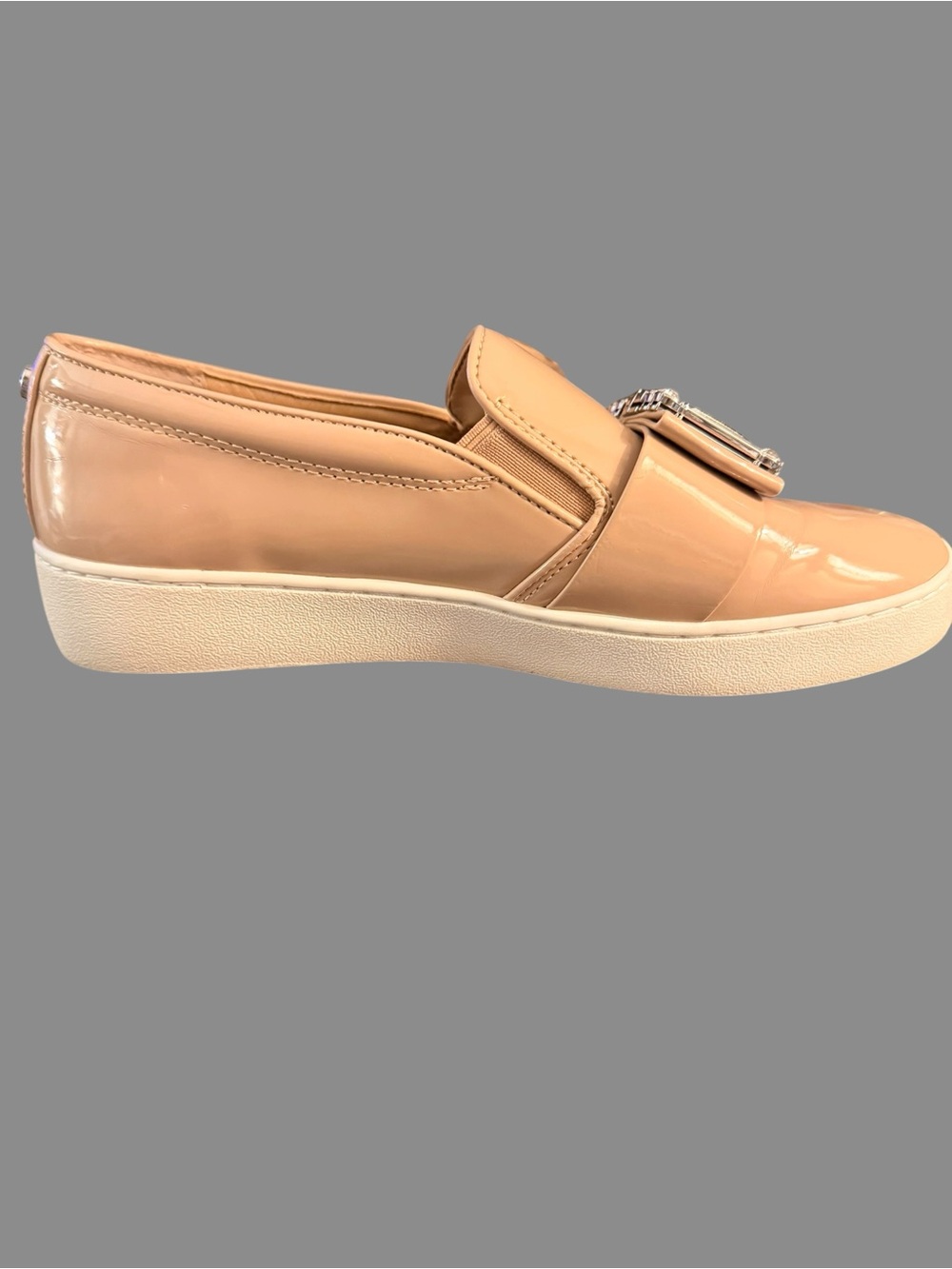 Michael Kors Taupe Patent Slip On Sneakers Crystal Embellished Shoes Size 6 - Picture 4 of 12